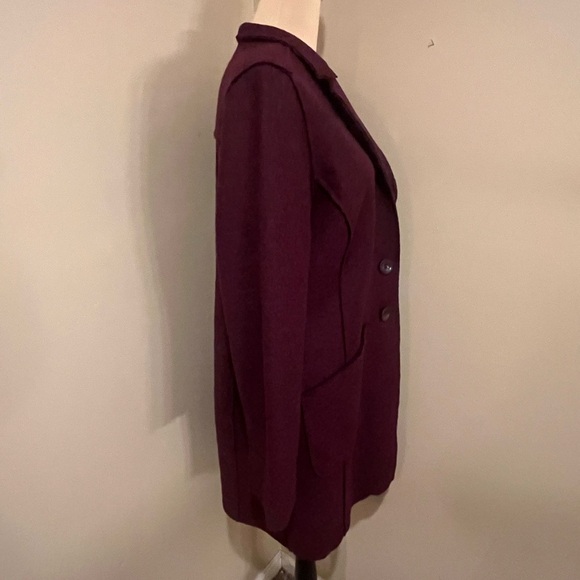 Chico Maroon Wool Coat, 2 Button, stand up collar patch pocket, exposed seams,S - Picture 4 of 9